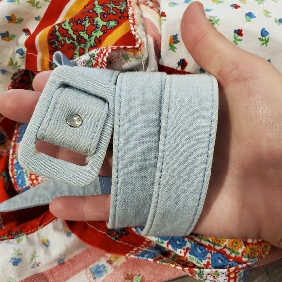 Vintage 70s Red Boho Belted Tunic Collared Smock Sleeveless Floral Shirt L/XL - Picture 6 of 10